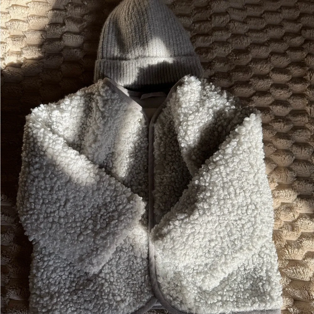 Zara fleece jacket and  basic knit hat in gray